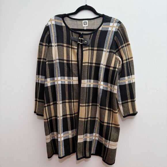 Anne Klein Women’s 1X Longline Neutral Plaid Cardigan Sweater Black Tan White - Picture 1 of 7